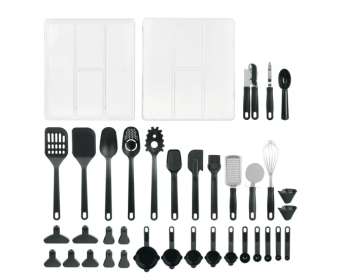36 Piece Kitchen Gadget Set with Kitchen Cooking Utensils, and Drawer Organizer, Black
