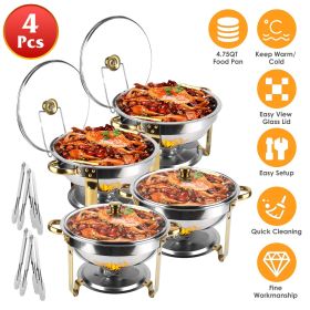 4 Pack Round Chafing Dish Buffet Set,Stainless Steel 4.76QT Round Buffet Servers and Warmers, Thick Stand Frame Catering Chafe with Mirror Covers