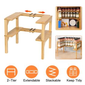2-Tier Kitchen Spice Rack Expandable Bamboo Spice Organizer Cabinet Stackable Seasoning Organizer Extendable Spice Jar Rack for Countertops Pantries C