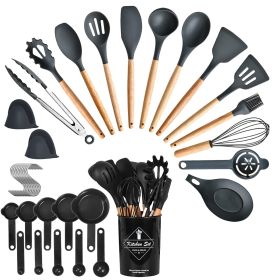 4 Colors Options -- Set Of 35Pcs Kitchen Cooking Utensils Set Spatula Set Baking Utensil Set Kitchen Accessories Necessities With Holder Egg Whis (Option: Black)