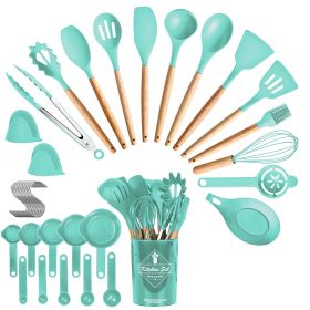 4 Colors Options -- Set Of 35Pcs Kitchen Cooking Utensils Set Spatula Set Baking Utensil Set Kitchen Accessories Necessities With Holder Egg Whis (Option: Green)