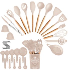 4 Colors Options -- Set Of 35Pcs Kitchen Cooking Utensils Set Spatula Set Baking Utensil Set Kitchen Accessories Necessities With Holder Egg Whis (Option: Khaki)